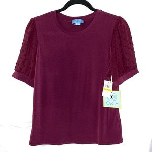 CeCe Puff Sleeve Mixed Media Top in Deep Marsala